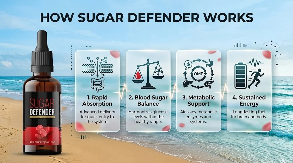 Brand graphic: how Sugar Defender works in four steps - rapid absorption, blood sugar balance, metabolic support, sustained energy